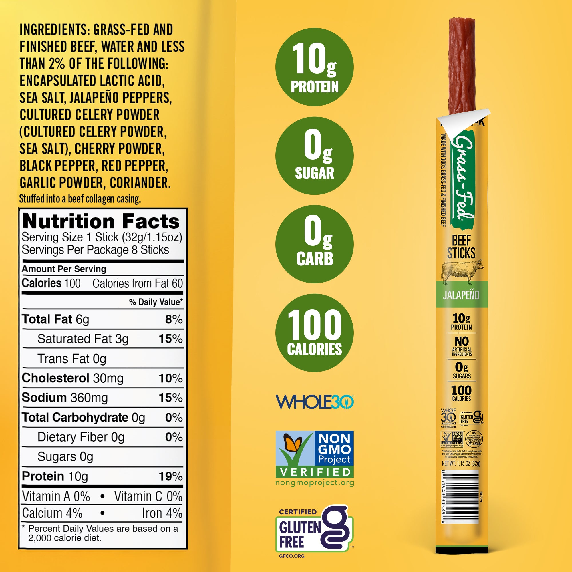 Zero Sugar Meat Sticks | Grass-Fed Jalapeno Multipack